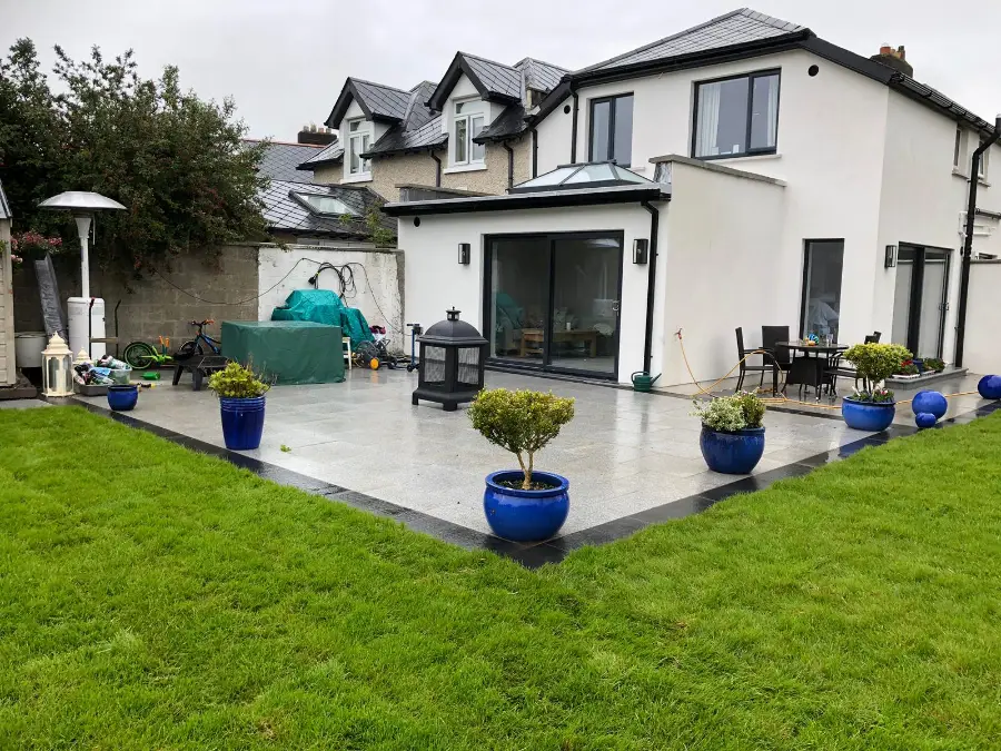 A modern grey porcelain patio in a Dublin garden