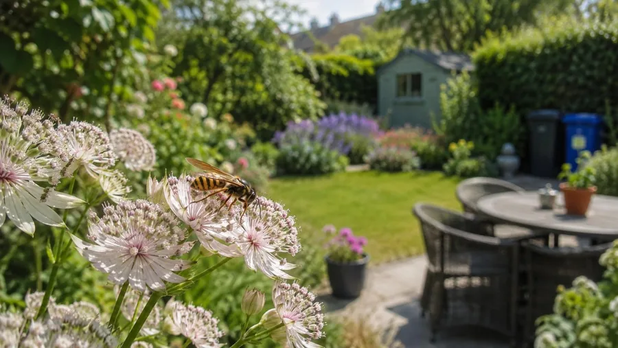 A wasp on flowers in an Irish back garden with a shed and bins behind